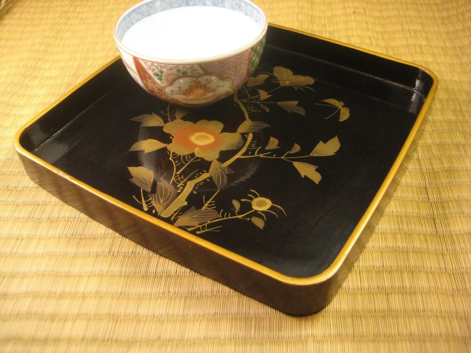 Antique Japanese Meiji Era Ozen Obon Black & Gold Lacquer Peony