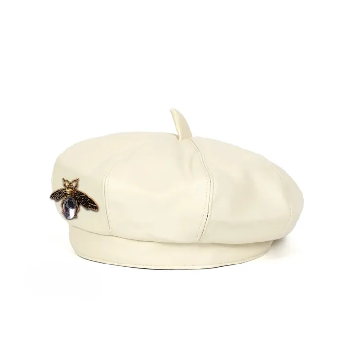 Bee Jeweled Leather Beret