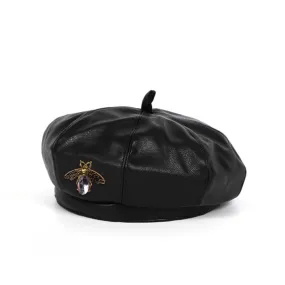 Bee Jeweled Leather Beret