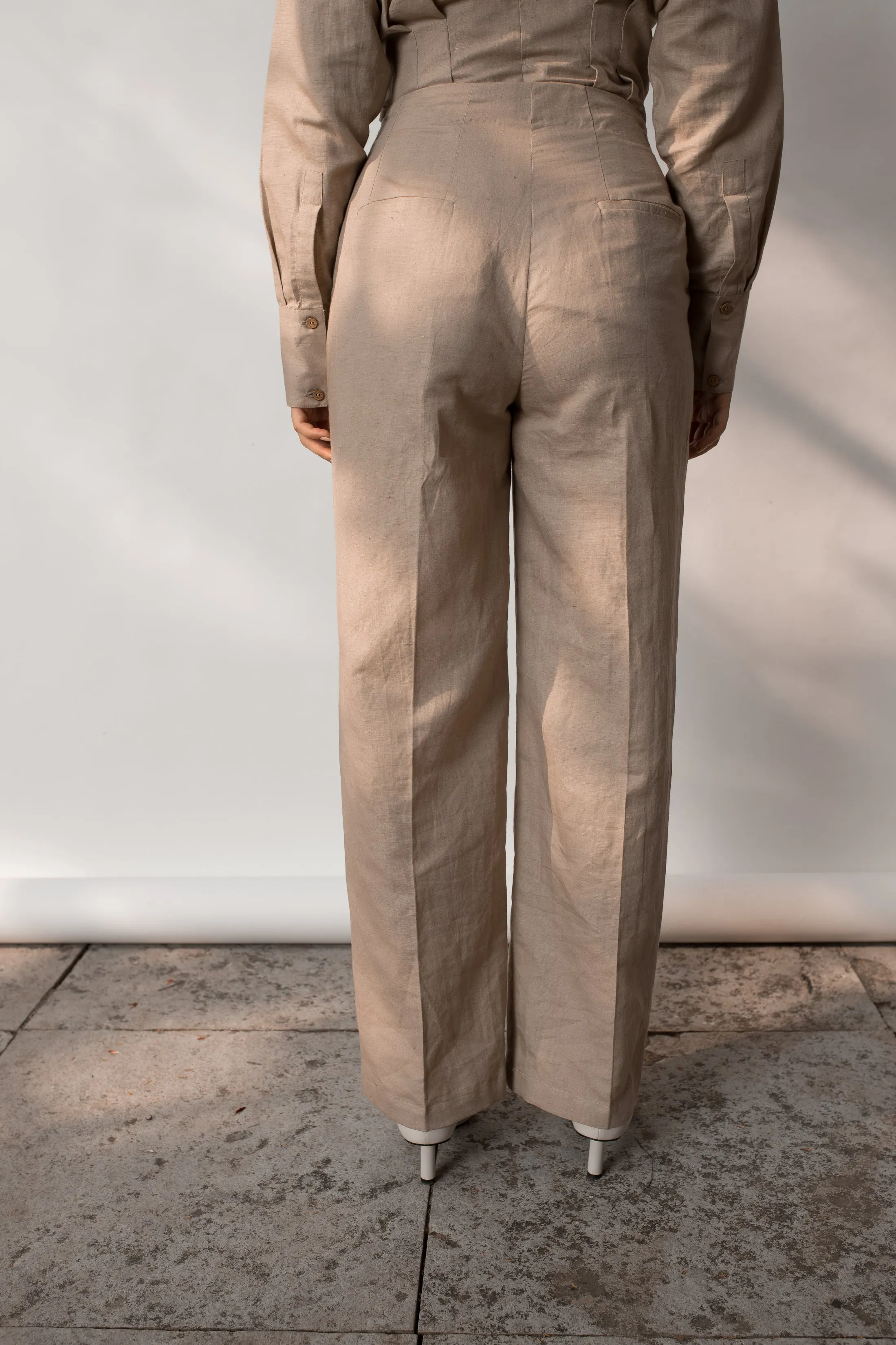 Beige Solid Tailored Pants