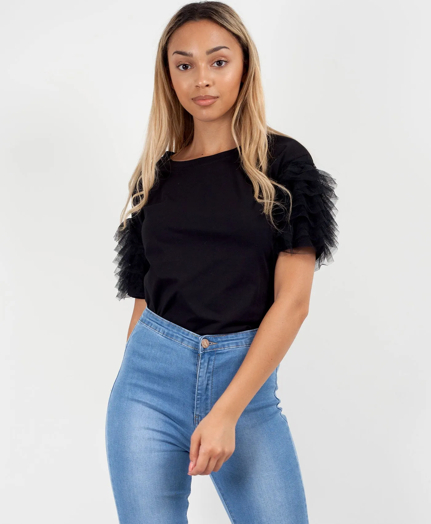 Black Plain Tulle Frill Mesh Sleeve T-Shirt