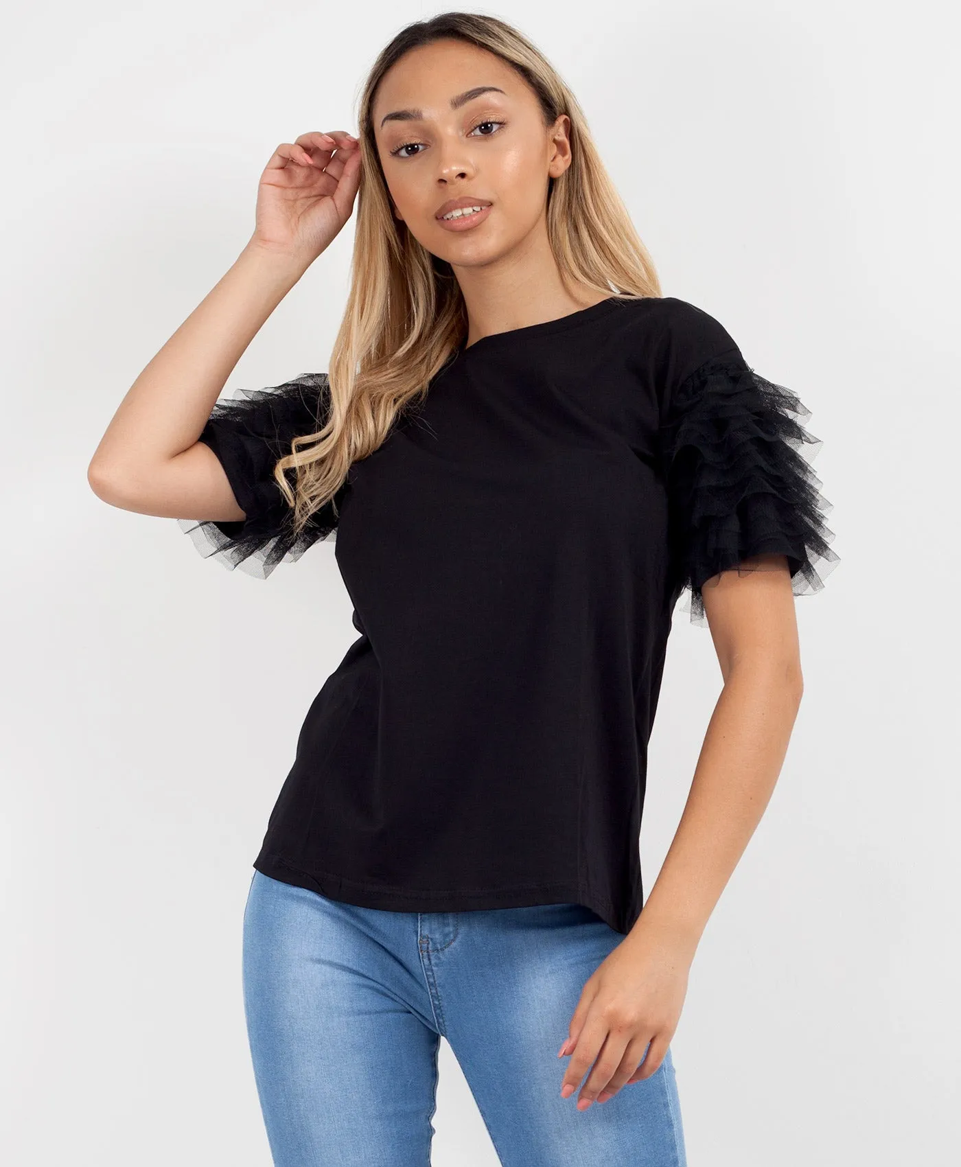 Black Plain Tulle Frill Mesh Sleeve T-Shirt