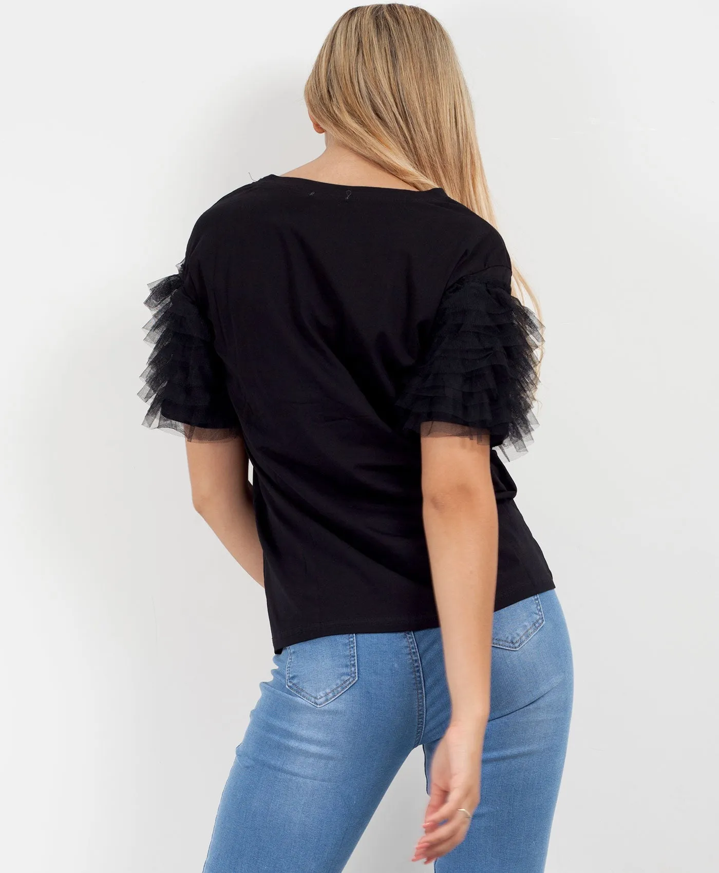 Black Plain Tulle Frill Mesh Sleeve T-Shirt