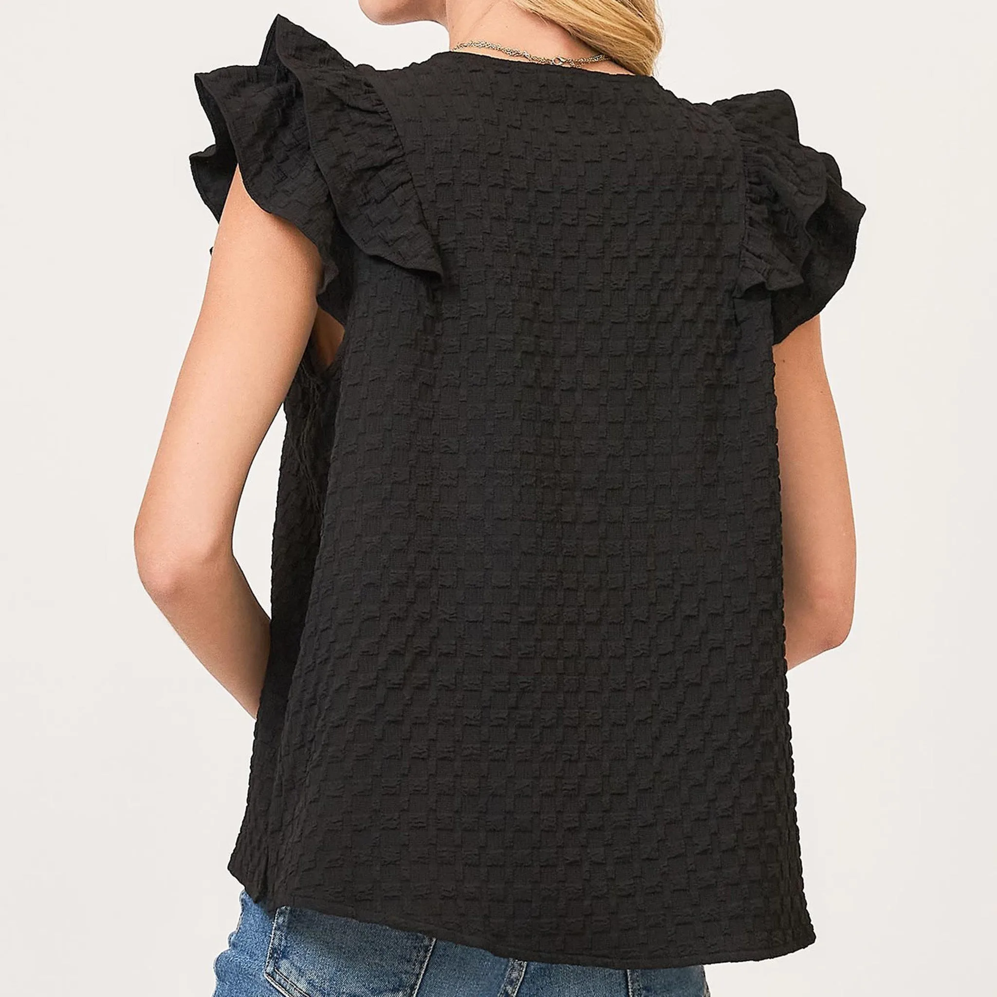 Black Waffle Textured Short Ruffled Sleeve Shirt