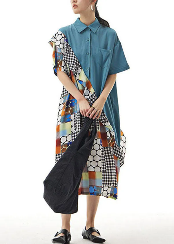 Blue Print Patchwork Chiffon Shirts Dress Ruffled Summer LY1142