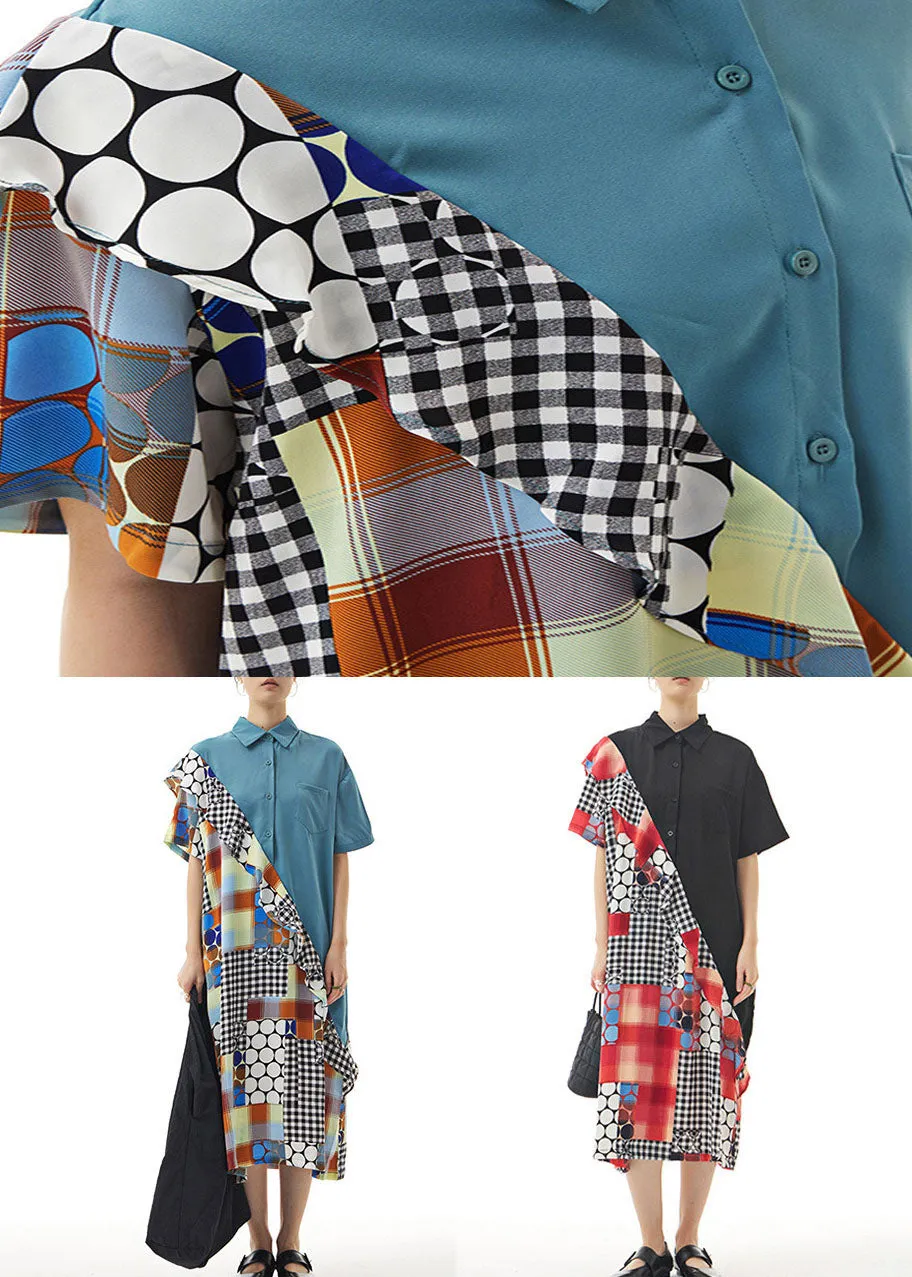 Blue Print Patchwork Chiffon Shirts Dress Ruffled Summer LY1142