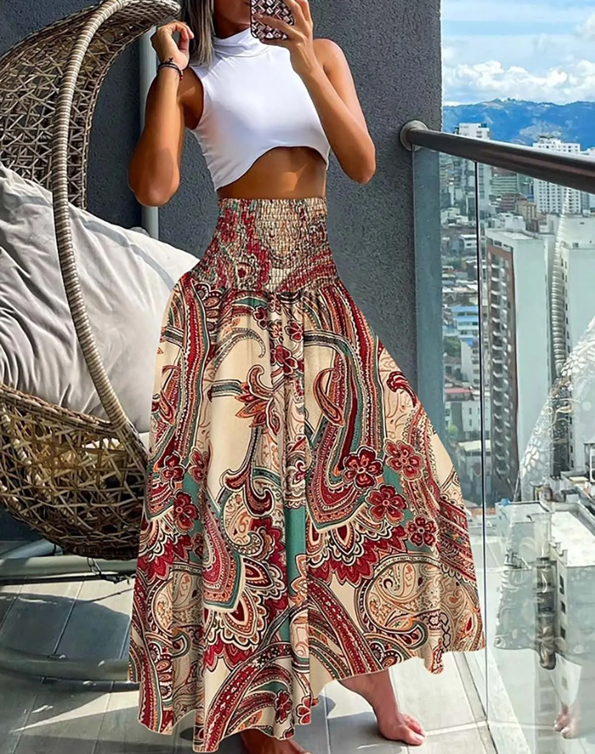 Bohemian Print Elastic Waist Midi Skirt Wholesale Womens Clothing N3824052000039