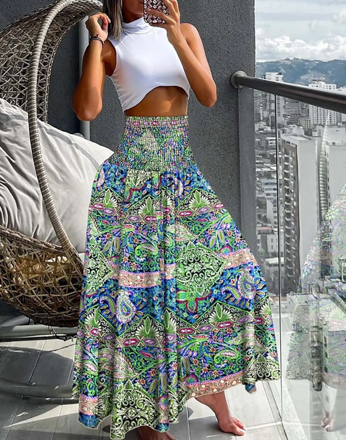 Bohemian Print Elastic Waist Midi Skirt Wholesale Womens Clothing N3824052000039