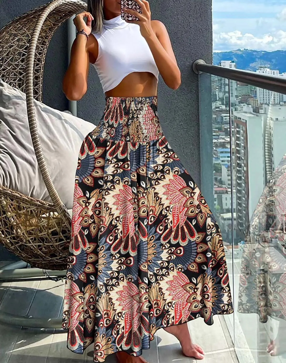 Bohemian Print Elastic Waist Midi Skirt Wholesale Womens Clothing N3824052000039