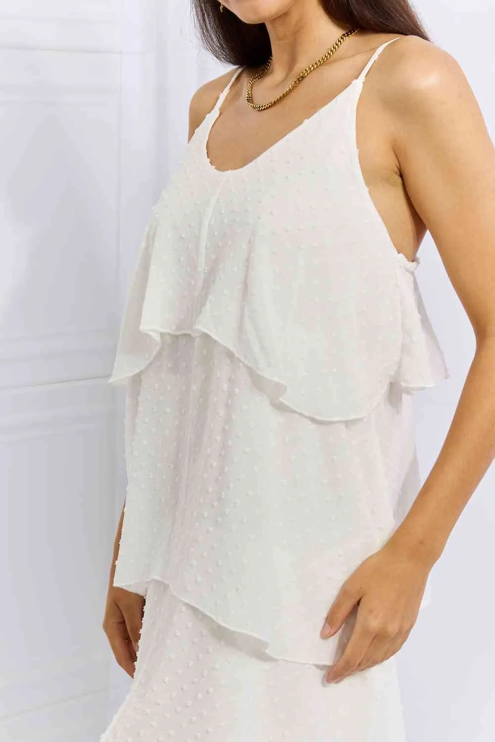 By The River Full Size Cascade Ruffle Style Cami Dress in Soft White