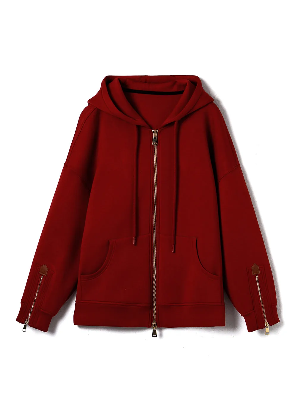 Casual Red Hooded Pockets Zippered Cotton Coats Fall QL058