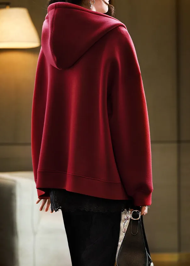 Casual Red Hooded Pockets Zippered Cotton Coats Fall QL058