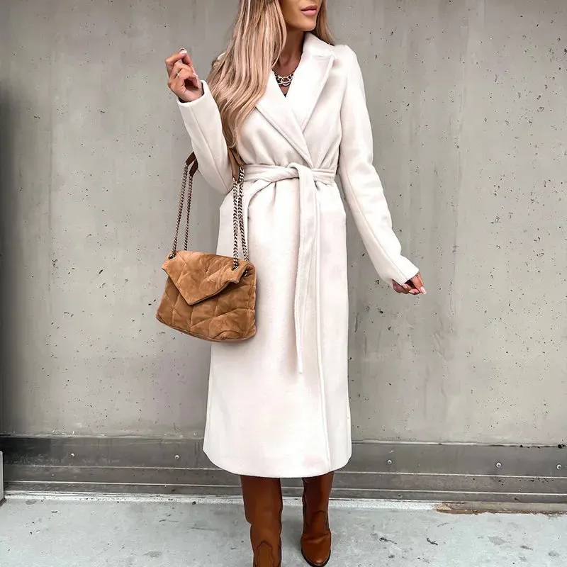 Chic Wool Blends Solid Adjustable Waist X-Long Elegant Coats