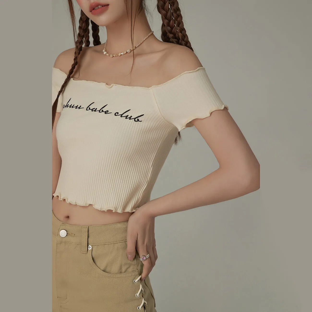 Chuu Babe Club Ruffled Off-The-Shoulder T-Shirt