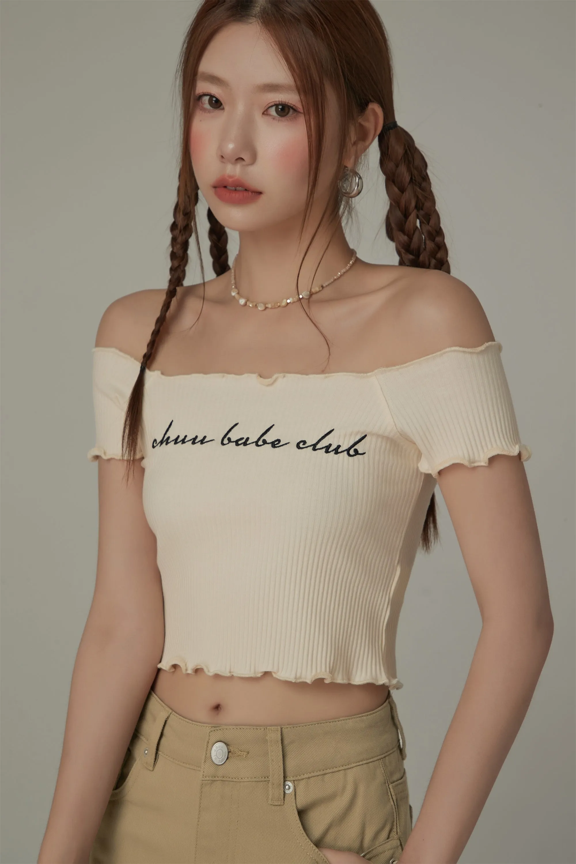 Chuu Babe Club Ruffled Off-The-Shoulder T-Shirt