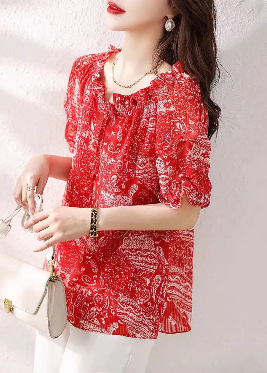 Classy Red Ruffled Print Patchwork Chiffon Shirts Top Summer TP1043