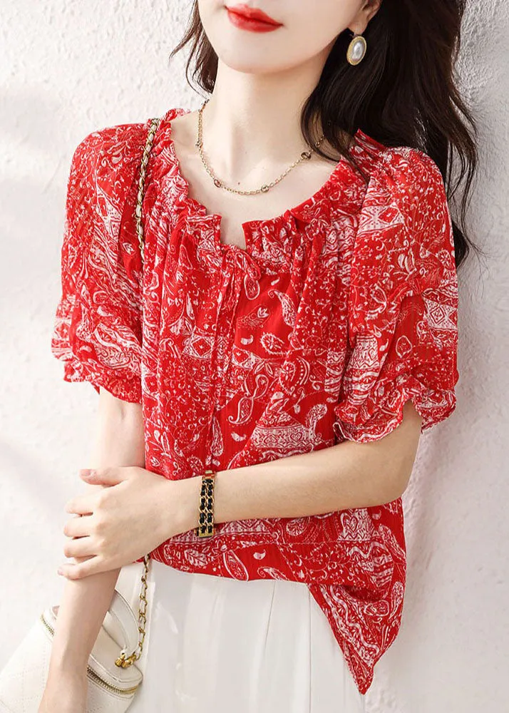 Classy Red Ruffled Print Patchwork Chiffon Shirts Top Summer TP1043