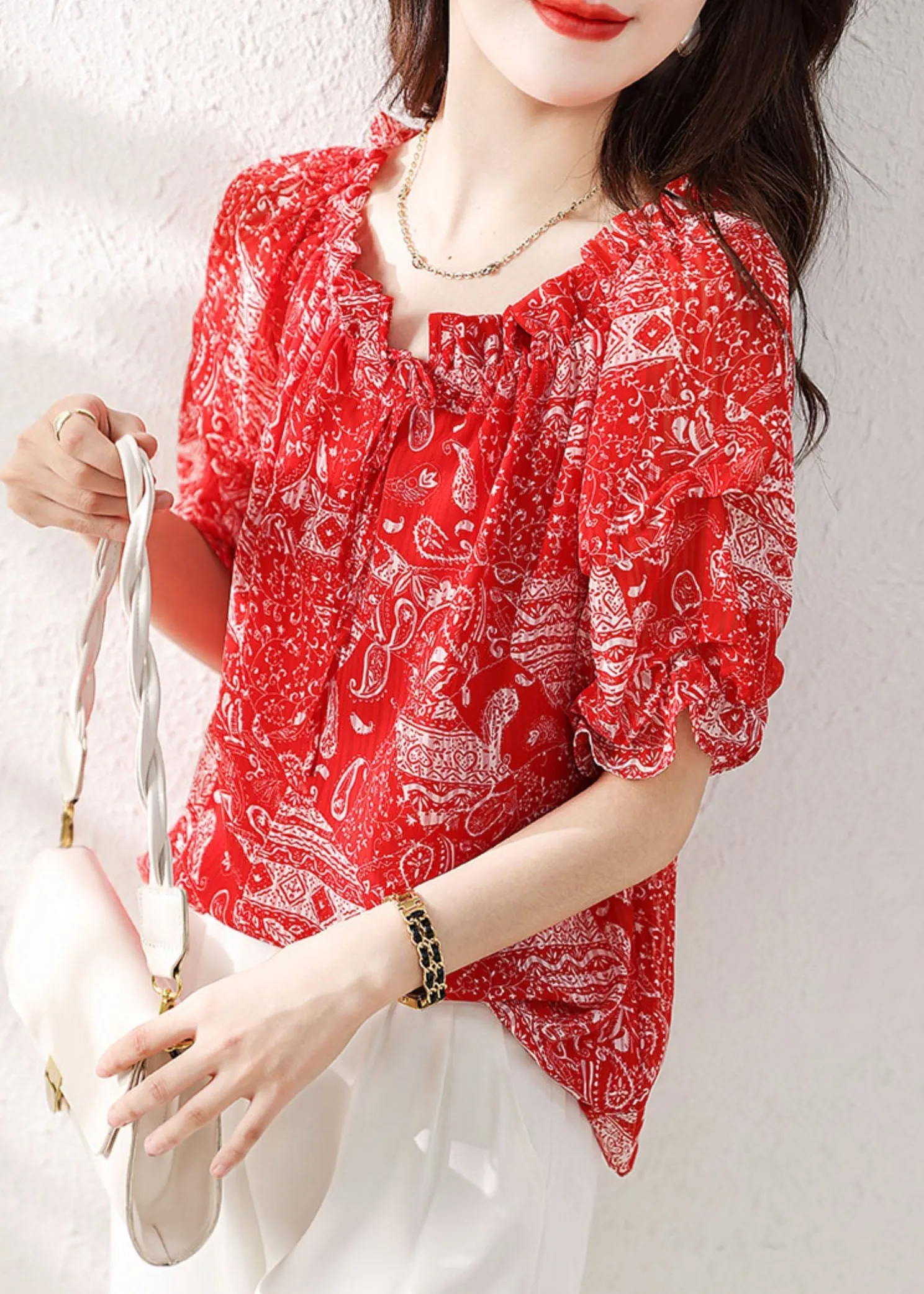 Classy Red Ruffled Print Patchwork Chiffon Shirts Top Summer TP1043