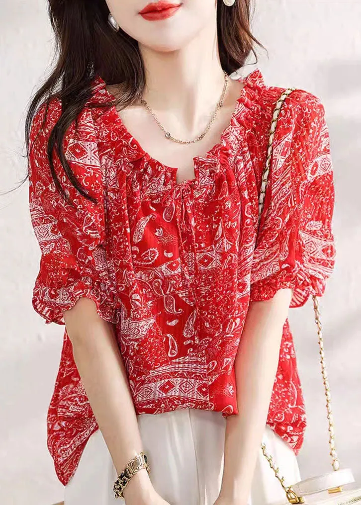 Classy Red Ruffled Print Patchwork Chiffon Shirts Top Summer TP1043