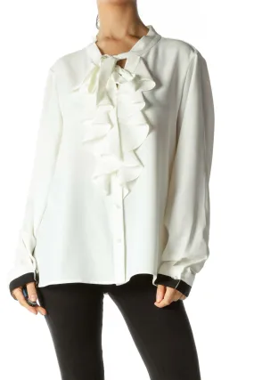 Cream Black Trim Faux-Pearl Buttons V-Neck Ruffled Shirt