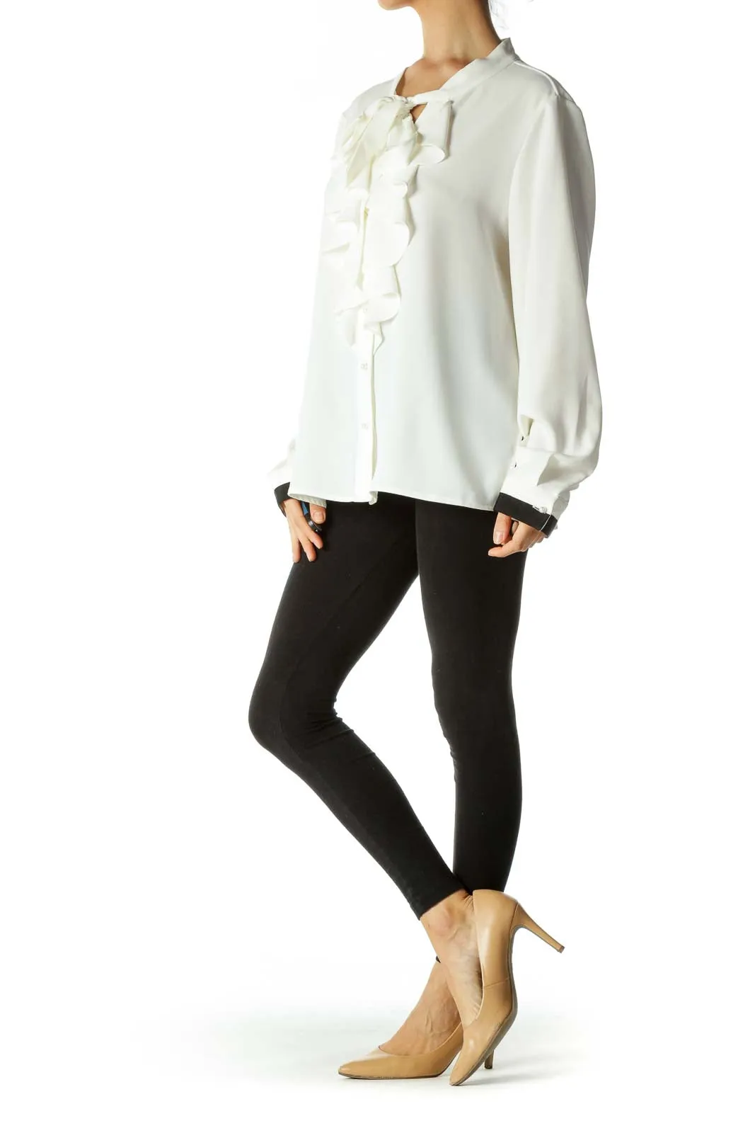 Cream Black Trim Faux-Pearl Buttons V-Neck Ruffled Shirt