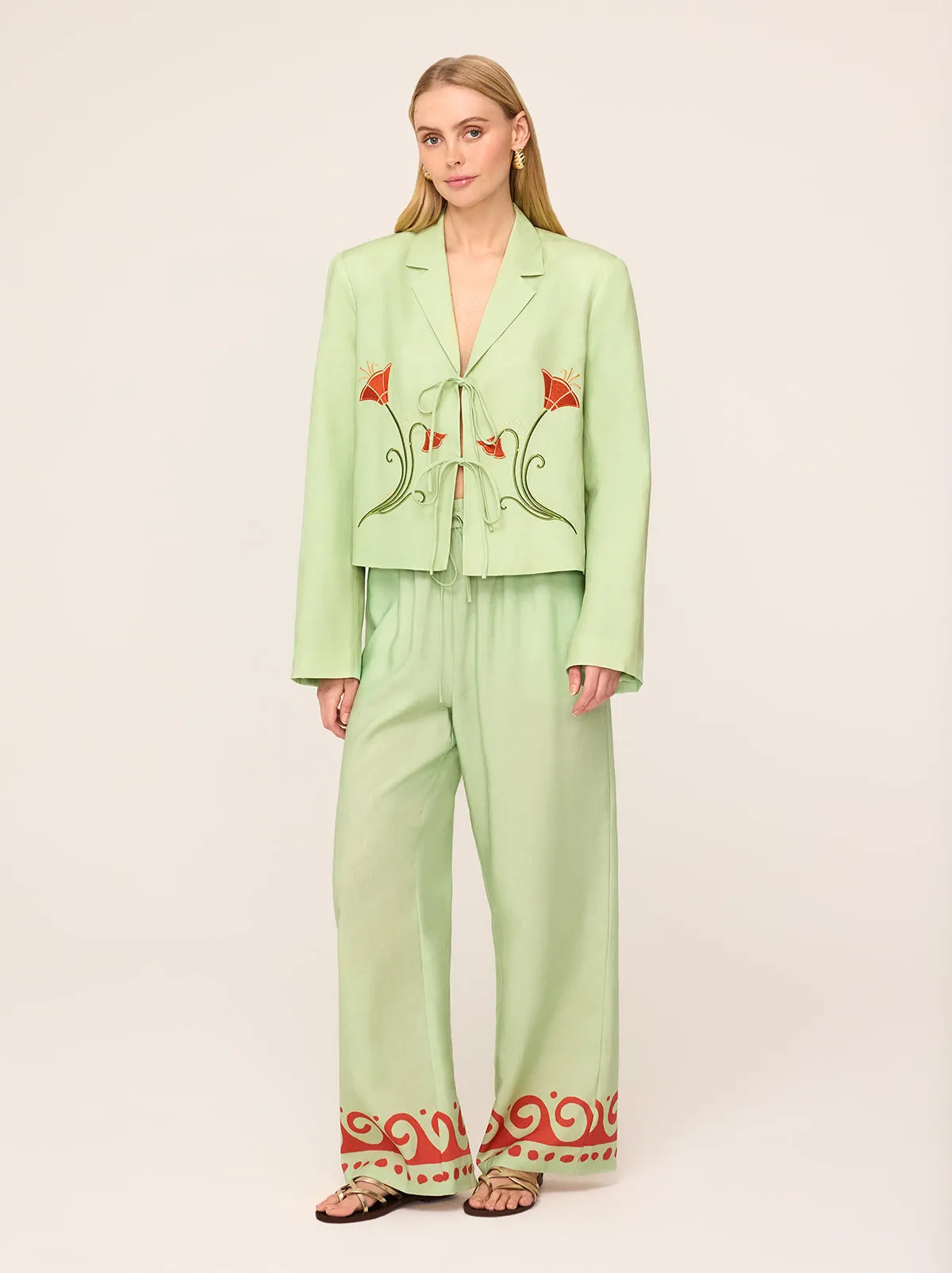 Cressida Pistachio Embroidered Tie Front Blazer