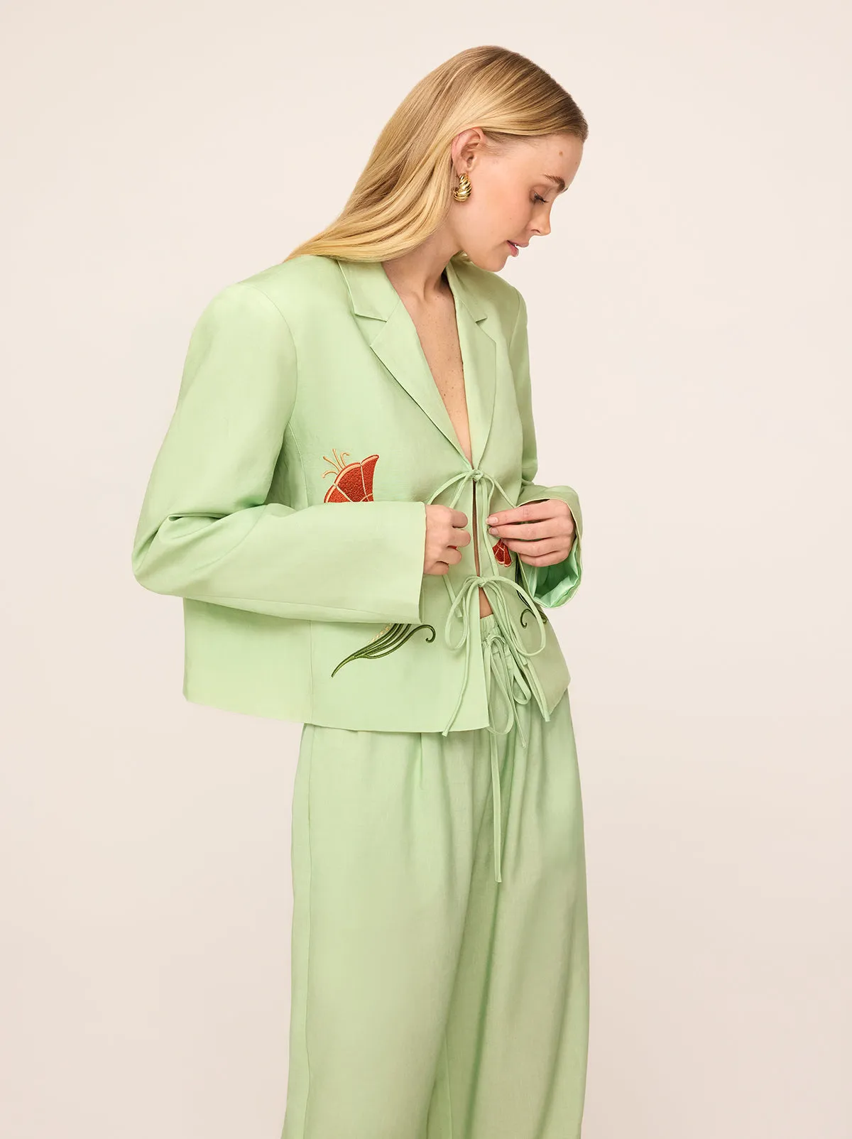 Cressida Pistachio Embroidered Tie Front Blazer