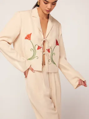 Cressida Sand Embroidered Tie Front Blazer