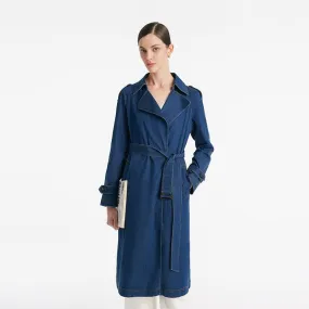 Denim Lapel Women Trench Coat With Belt