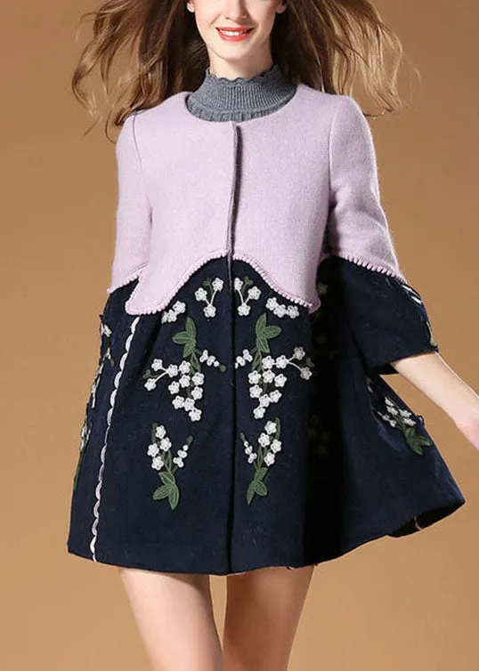 Elegant Purple Patchwork Embroideried Floral Fall Woolen Coat