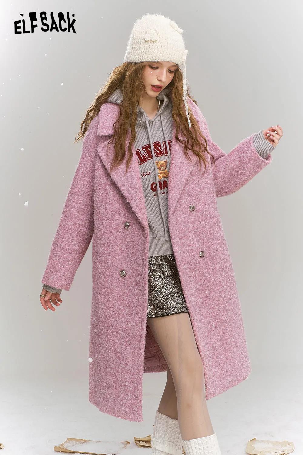 ELFSACK 2024 Winter New Arrivals Retro elegant mid length lapel thick coat for women