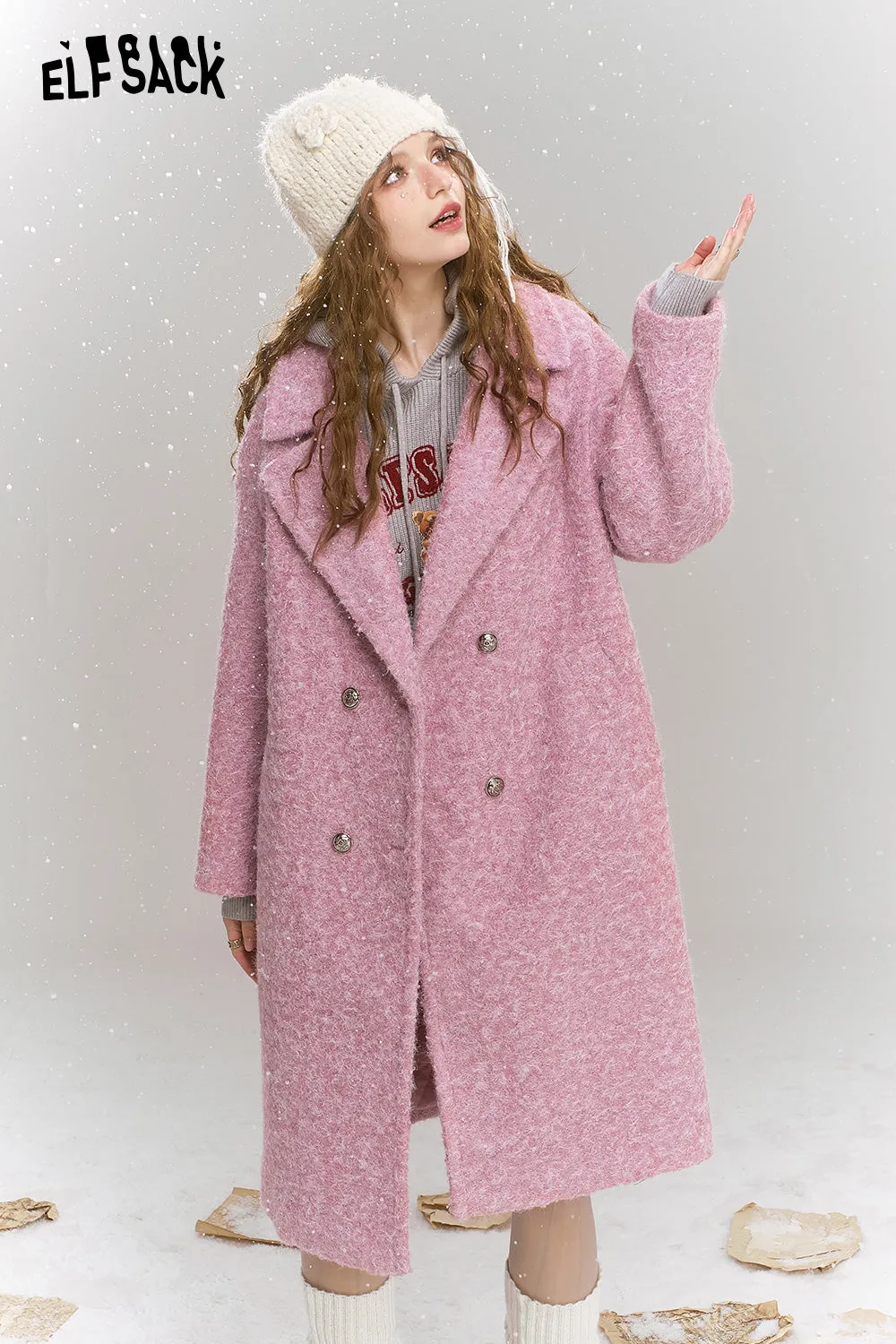 ELFSACK 2024 Winter New Arrivals Retro elegant mid length lapel thick coat for women