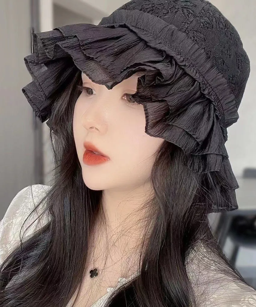 Fashion Black Hollow Out Lace Ruffles Bucket Hat YU1016