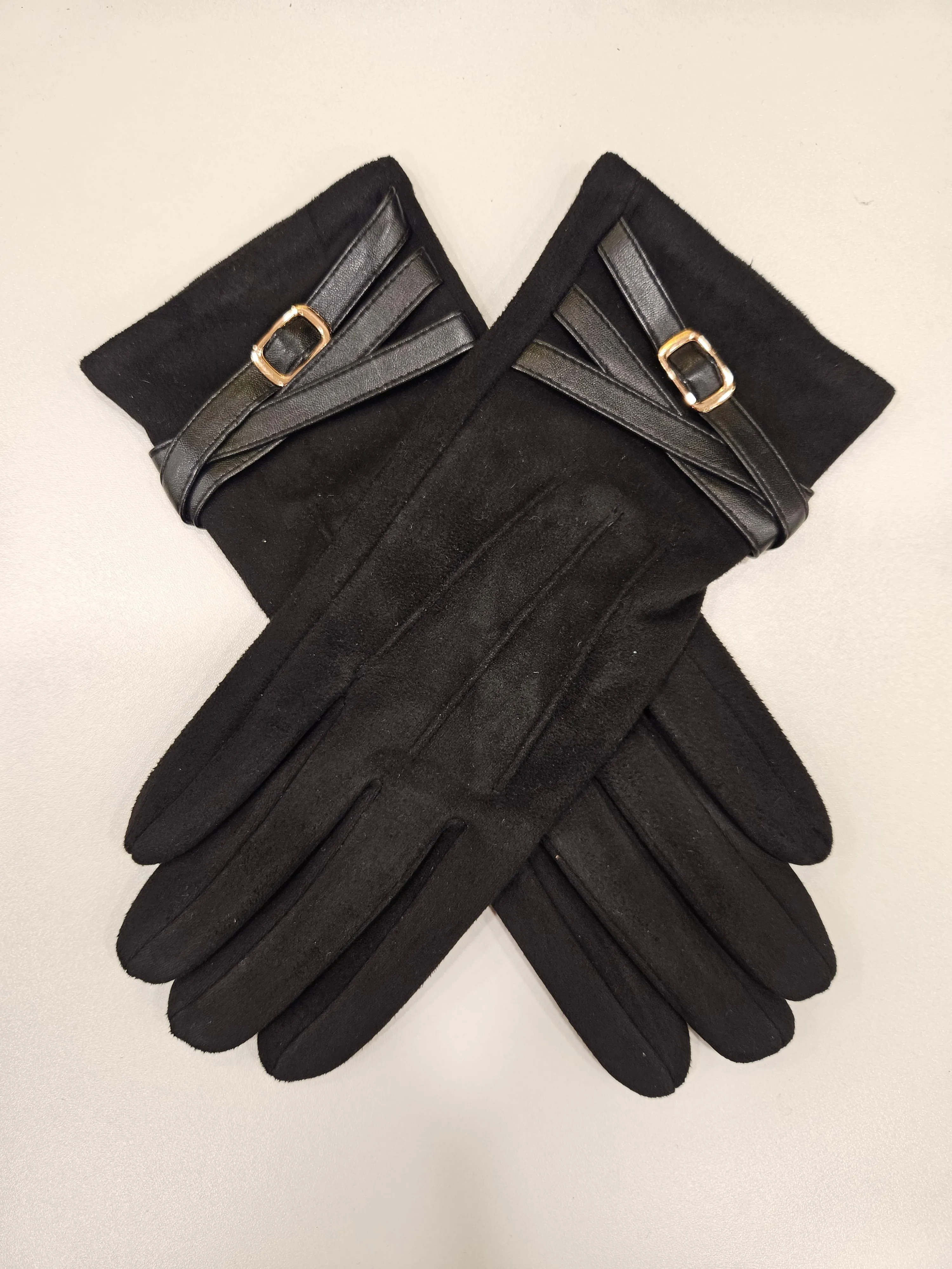 Faux Suede Velvet lined touchscreen gloves with buckle detail