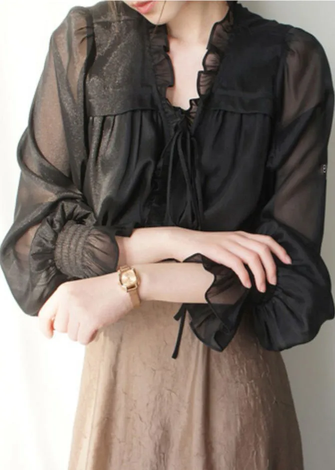 French Black V Neck Ruffled Solid Silk Shirts Spring LY0410