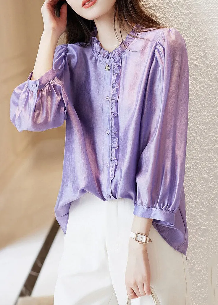 French Purple Ruffled Button Chiffon Shirts Long Sleeve AB1001