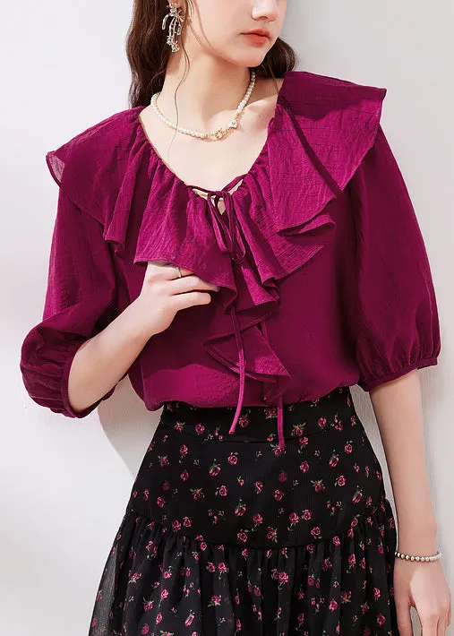 French Rose Ruffled Lace Up Silk Shirts Half Sleeve KK051