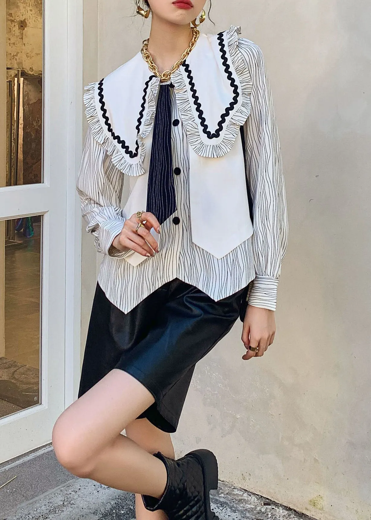 French White Ruffled Striped Patchwork Cotton Shirts Springs LY0777