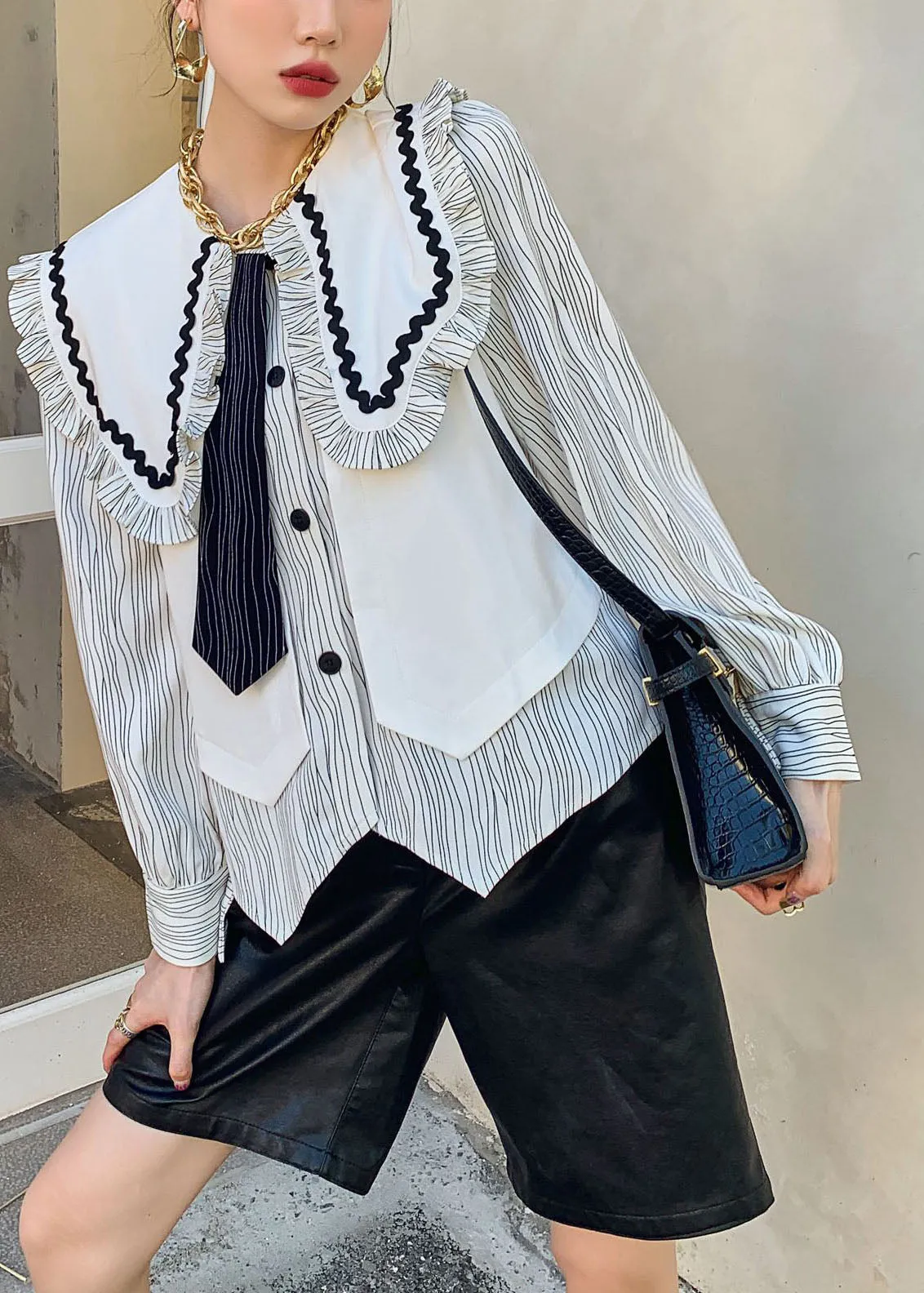 French White Ruffled Striped Patchwork Cotton Shirts Springs LY0777