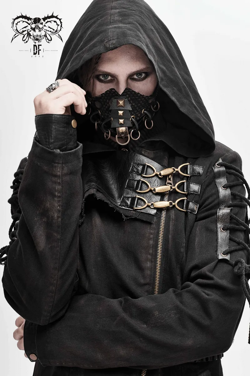 Gothic Zipper Hooded Trench Coat with Buckles / Men's Black Coat with Lace-up on Sleeves