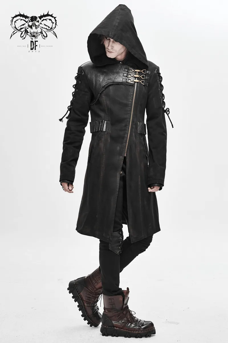 Gothic Zipper Hooded Trench Coat with Buckles / Men's Black Coat with Lace-up on Sleeves