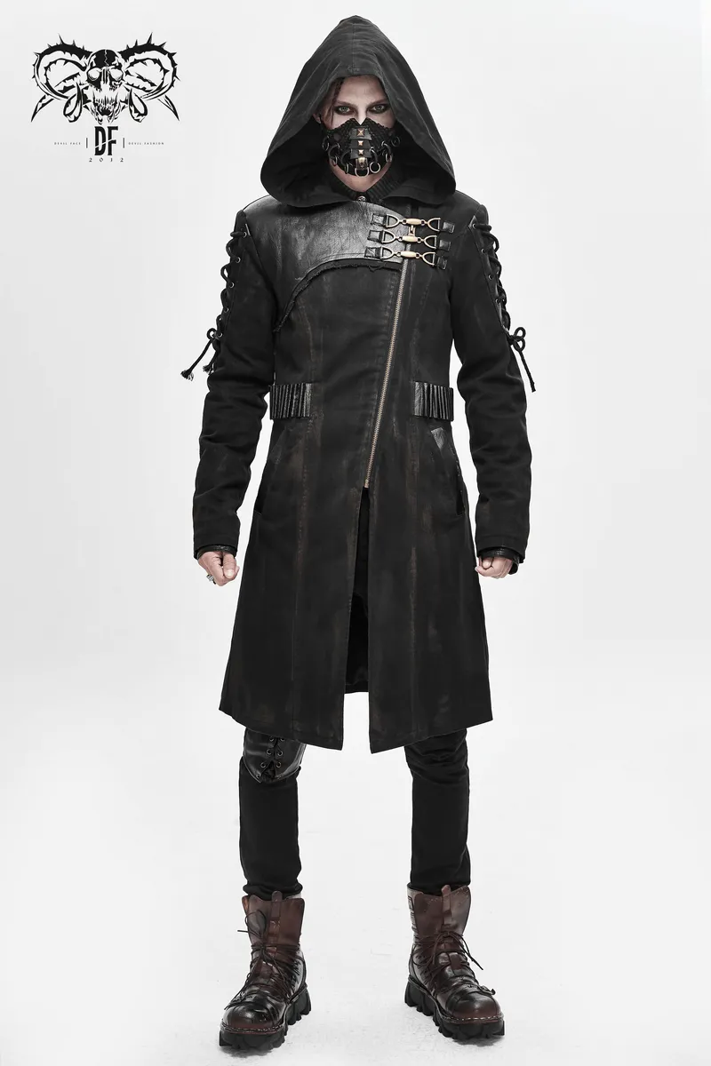 Gothic Zipper Hooded Trench Coat with Buckles / Men's Black Coat with Lace-up on Sleeves