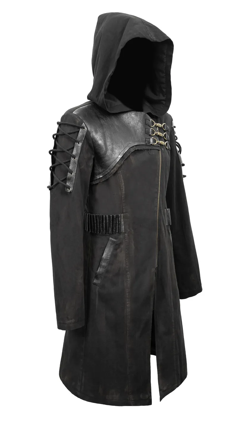 Gothic Zipper Hooded Trench Coat with Buckles / Men's Black Coat with Lace-up on Sleeves