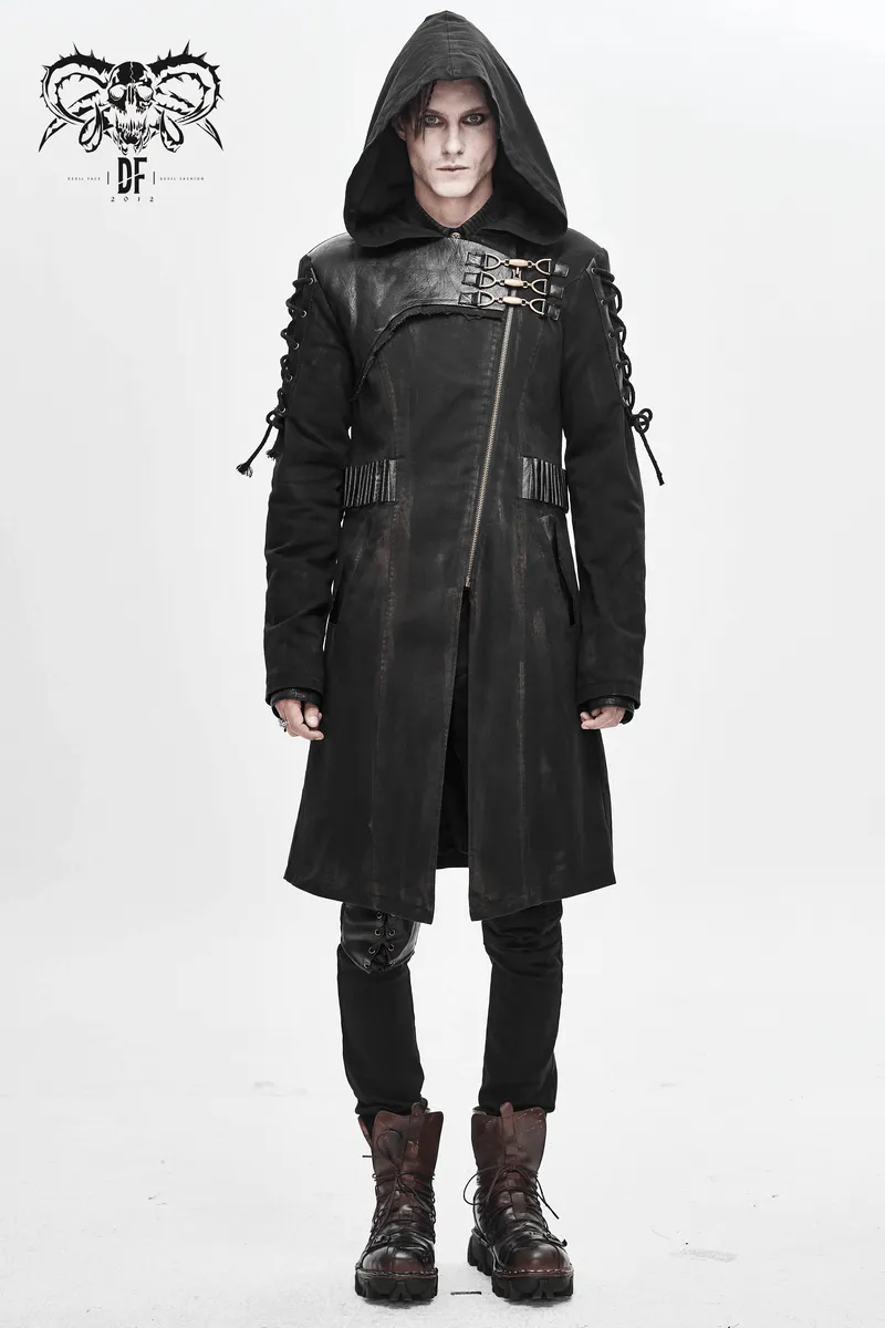 Gothic Zipper Hooded Trench Coat with Buckles / Men's Black Coat with Lace-up on Sleeves