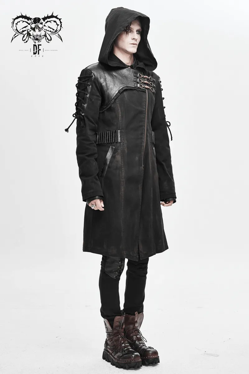 Gothic Zipper Hooded Trench Coat with Buckles / Men's Black Coat with Lace-up on Sleeves