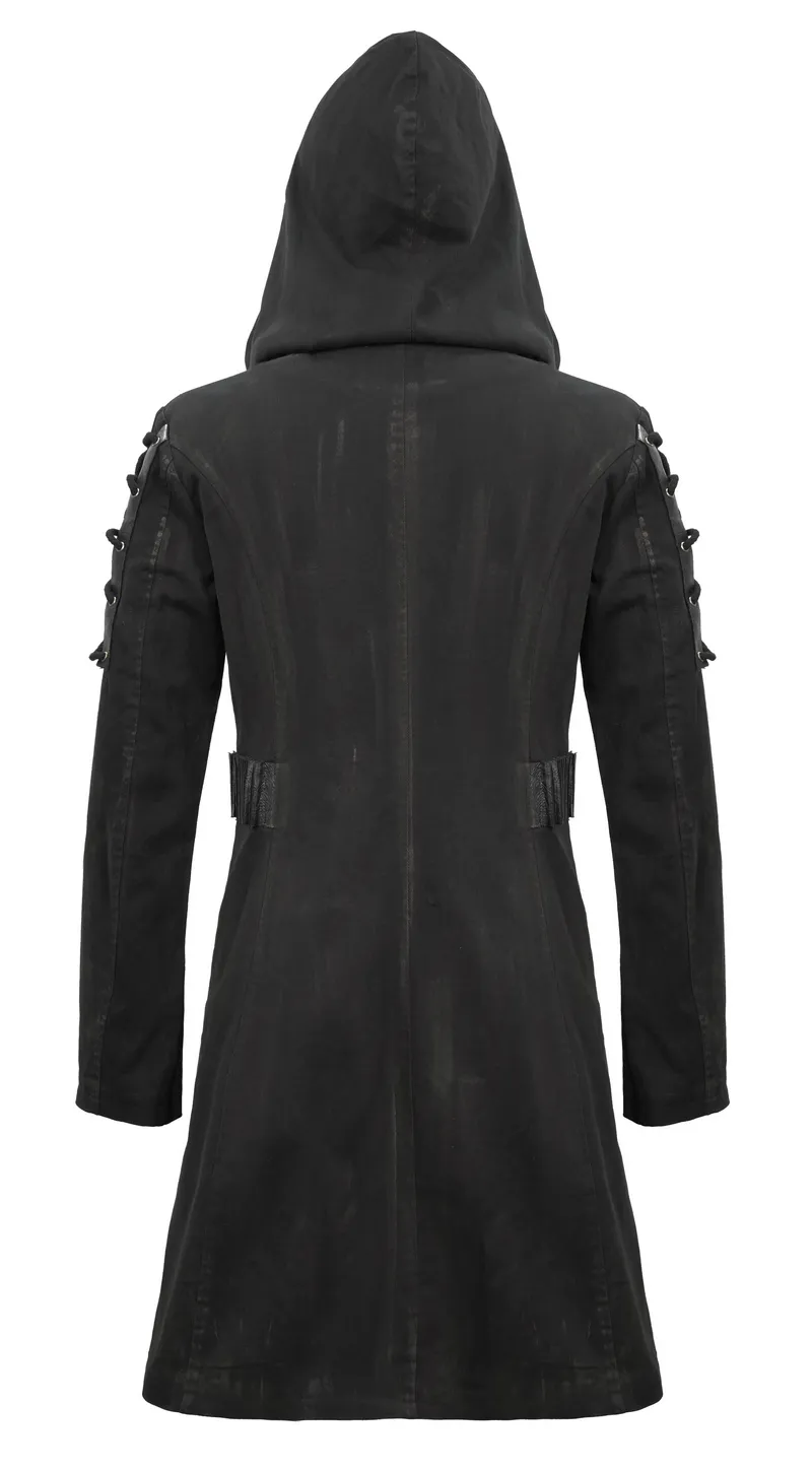 Gothic Zipper Hooded Trench Coat with Buckles / Men's Black Coat with Lace-up on Sleeves