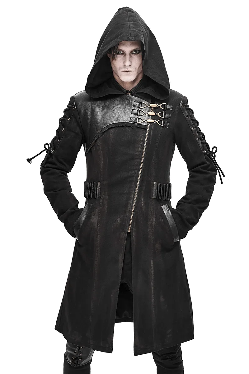 Gothic Zipper Hooded Trench Coat with Buckles / Men's Black Coat with Lace-up on Sleeves