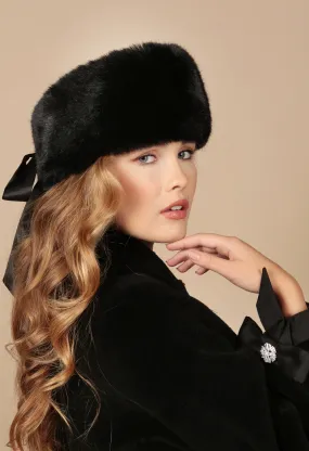 'Harlow' Faux Fur Headband with Satin Bow in Nero