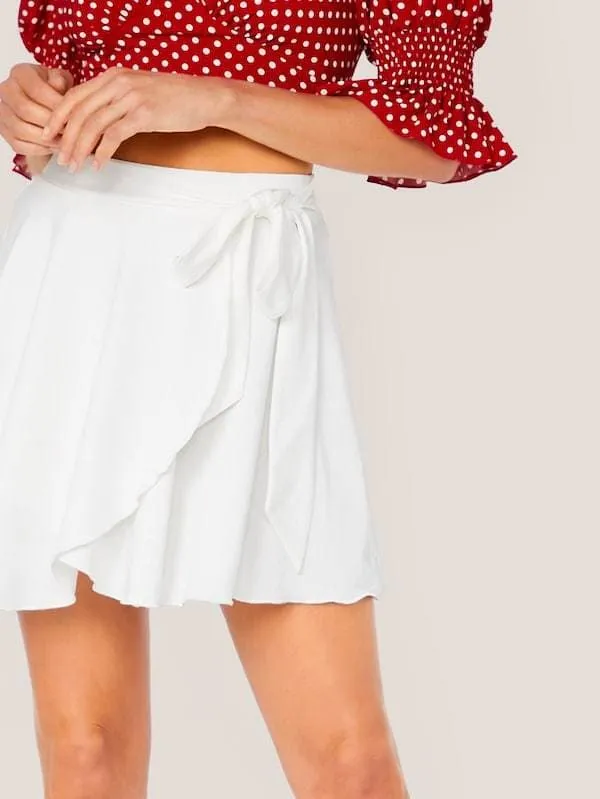 High Waist Solid Wrap Tie Side Skater Skirt