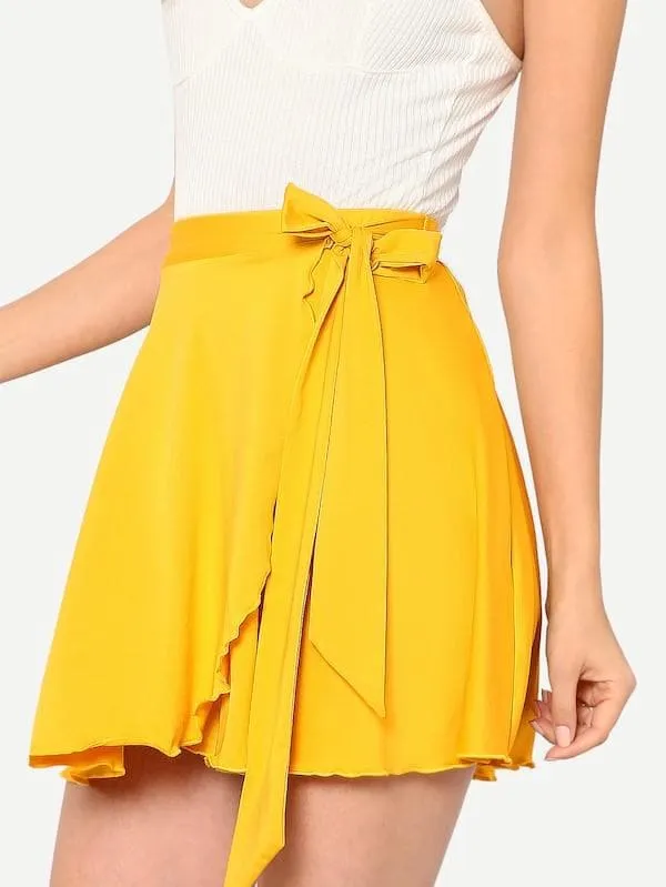 High Waist Solid Wrap Tie Side Skater Skirt